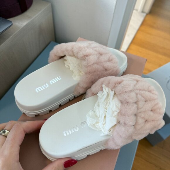 NWT Miu Miu Slip-on Sandals Pink Shearling Platform Open Toe Sz 34 - Picture 8 of 9